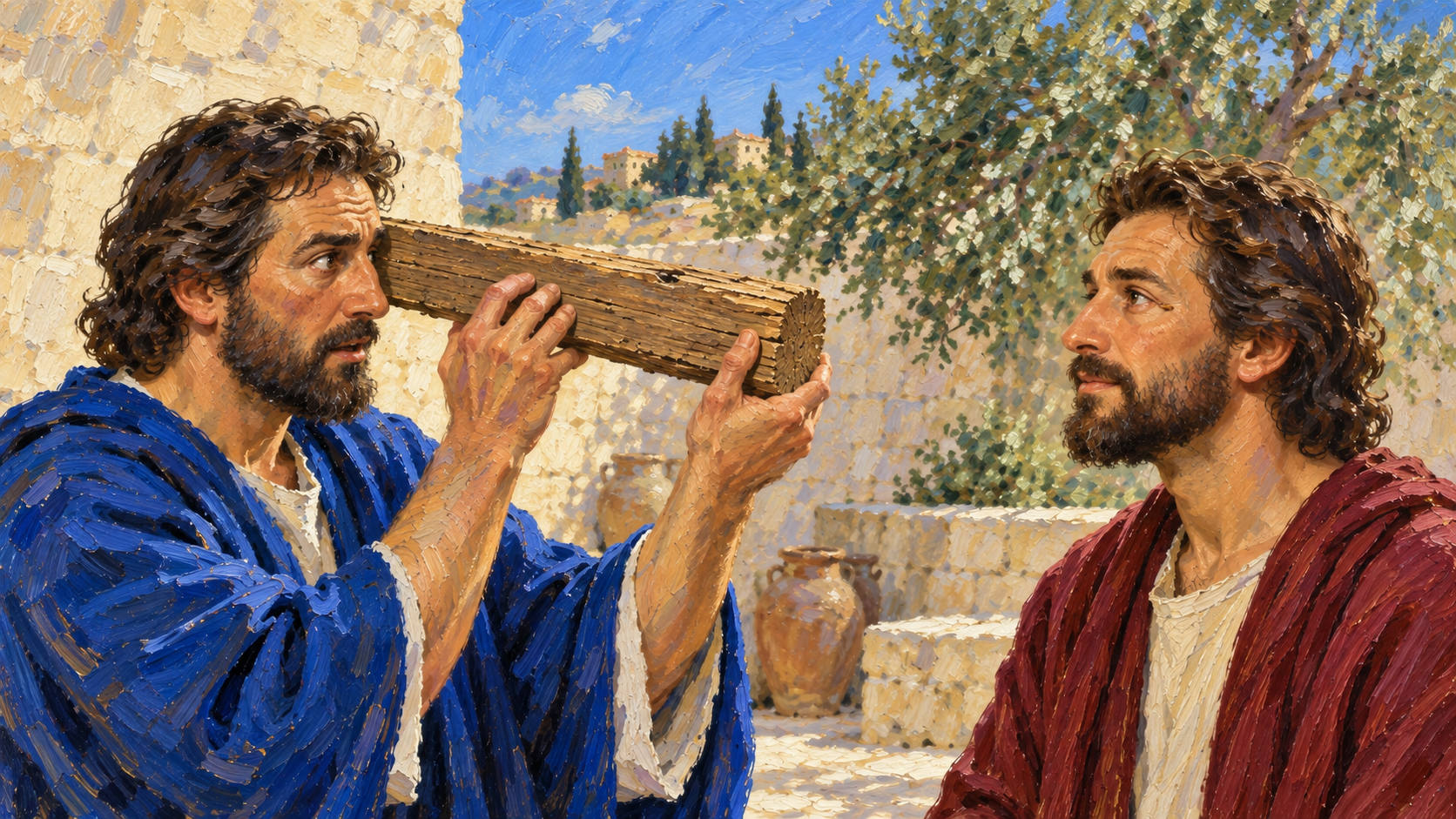 Classical oil illustration of the plank and speck parable, showing a man attending to his own obstructed sight before helping his brother.