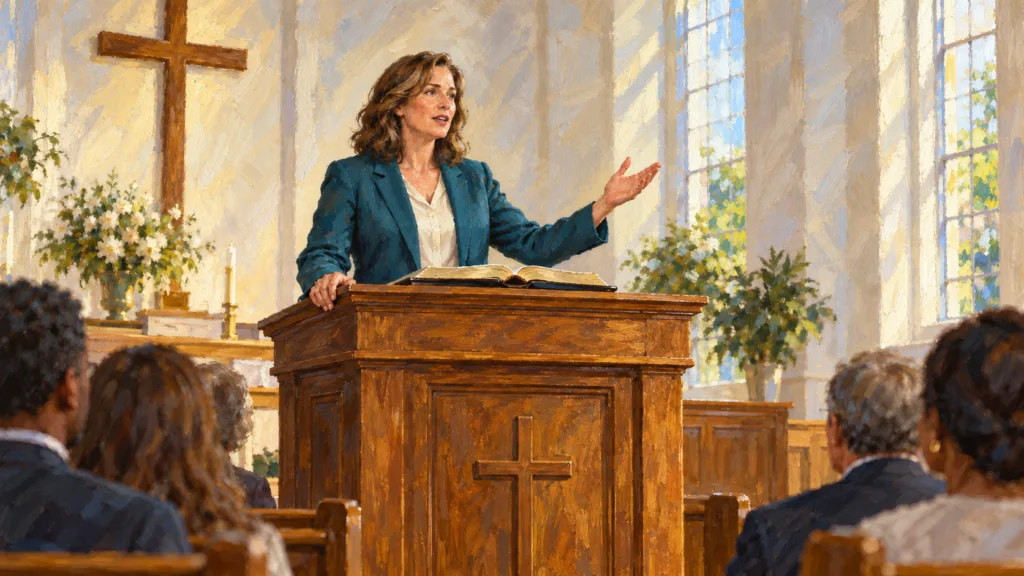 Classical oil painting of a woman pastor standing and preaching behind a wooden pulpit with an open Bible.
