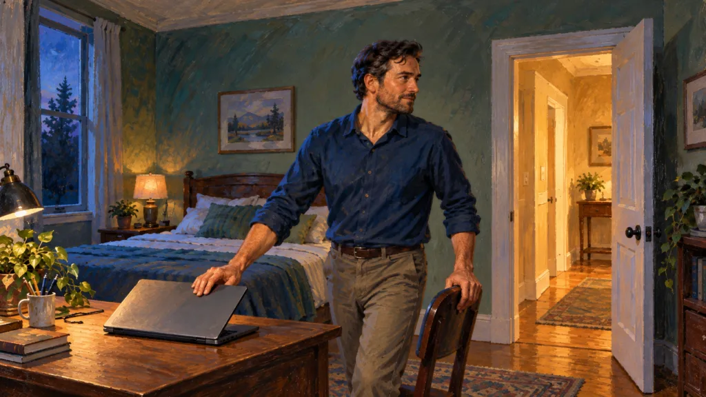 Classical oil painting of a fully clothed man closing a laptop and turning toward an open doorway in a moment of self-control.