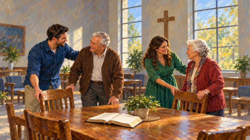 Classical oil painting of younger church members making room for older believers around a shared Bible study table.