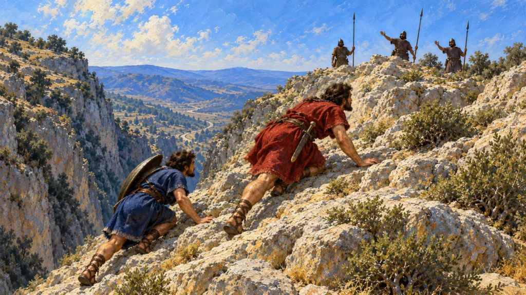 Classical oil painting of Jonathan climbing toward a Philistine outpost on hands and knees with his armor-bearer following.