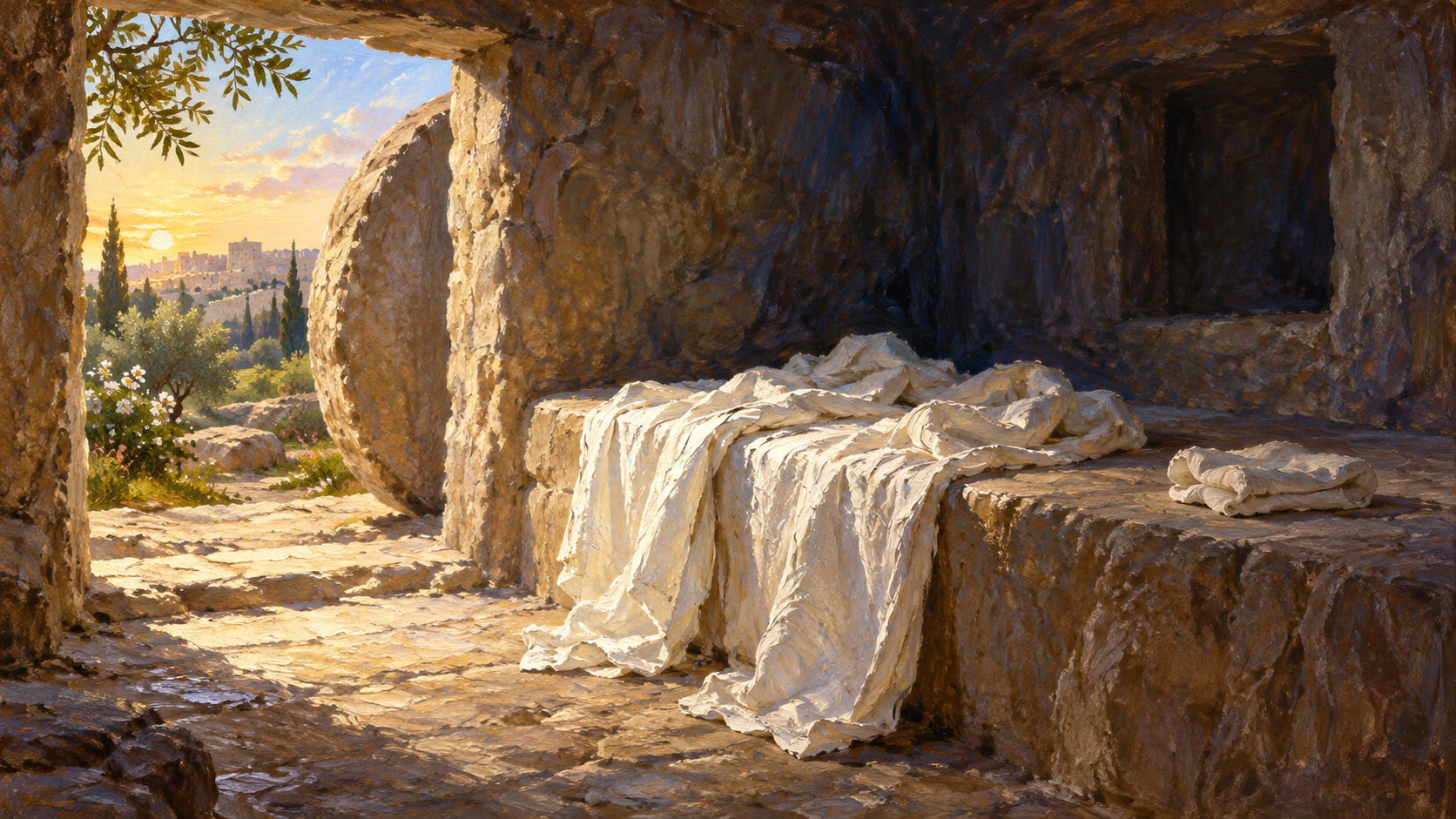 Easter: Should Christians Celebrate It? Classical oil painting of the empty tomb at dawn with burial linen and a separate head cloth on the stone bench.