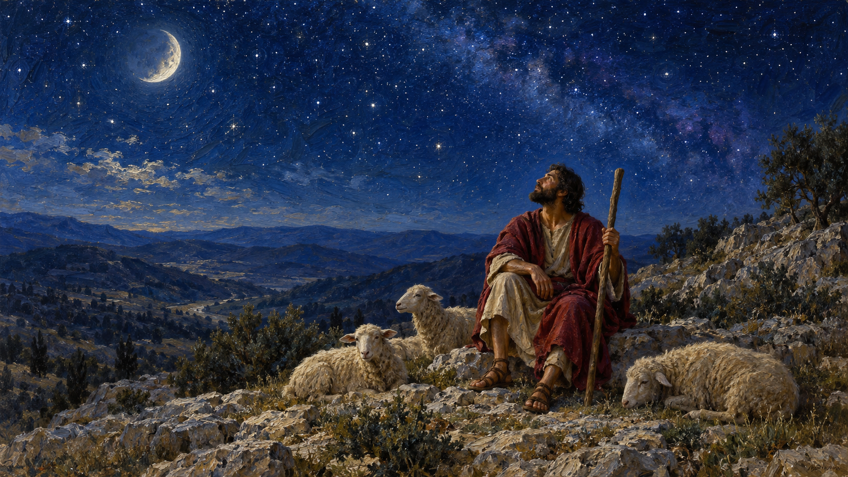 Classical oil painting of an ancient shepherd contemplating the moon and stars with three sheep resting beside him.