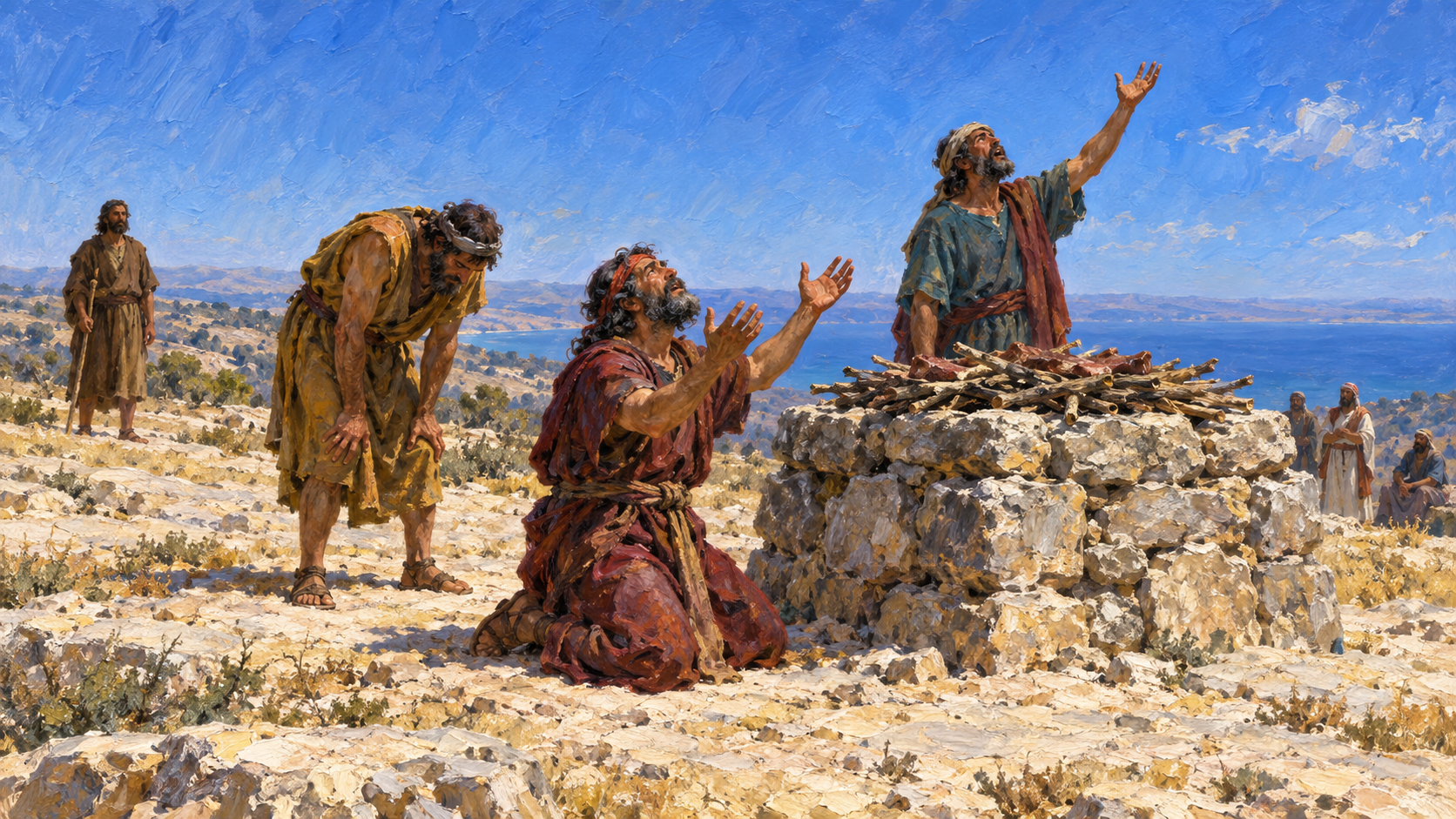Classical oil painting of prophets of Baal appealing around an unlit altar on Mount Carmel while Elijah watches from a distance.