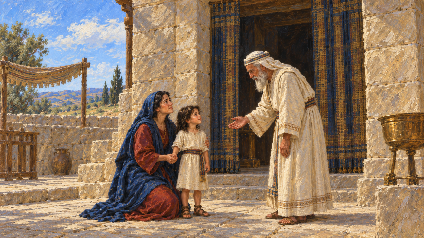 Classical oil painting of Hannah tenderly presenting the young Samuel to Eli at Shiloh in fulfillment of her prayer and vow.