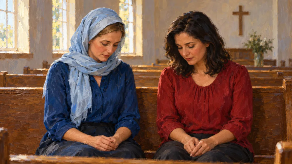 Classical oil painting of two women praying together in church, one wearing a head covering and the other with uncovered hair.