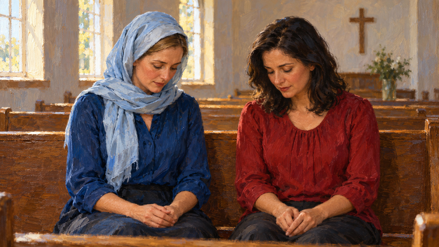 Classical oil painting of two women praying together in church, one wearing a head covering and the other with uncovered hair.
