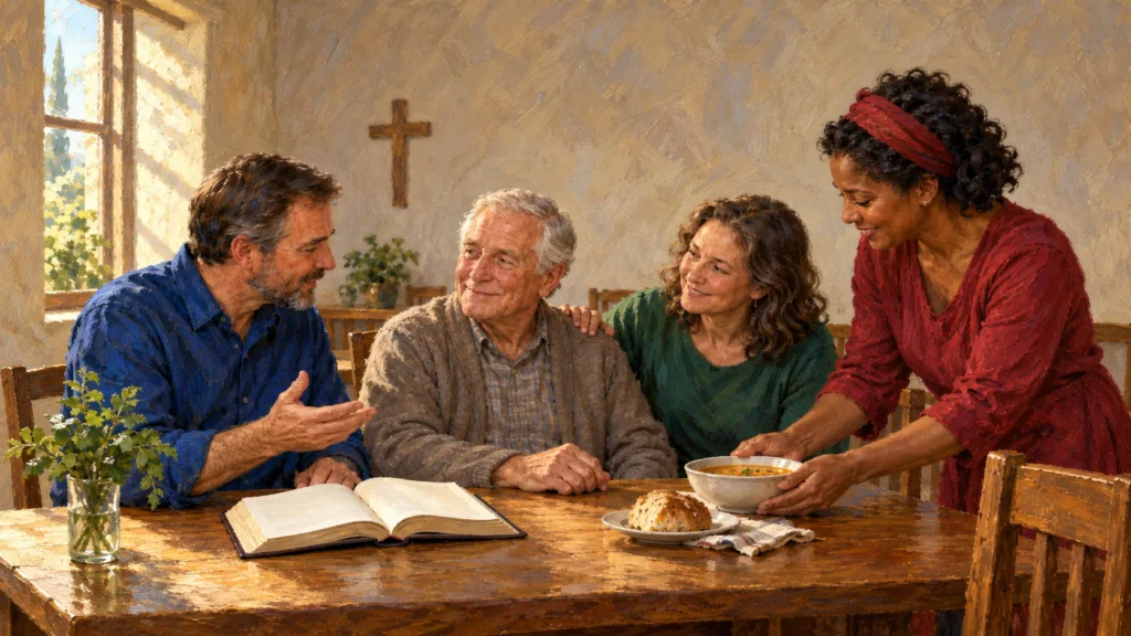 Classical oil painting of church members sharing Bible teaching, encouragement and a meal with an older member.