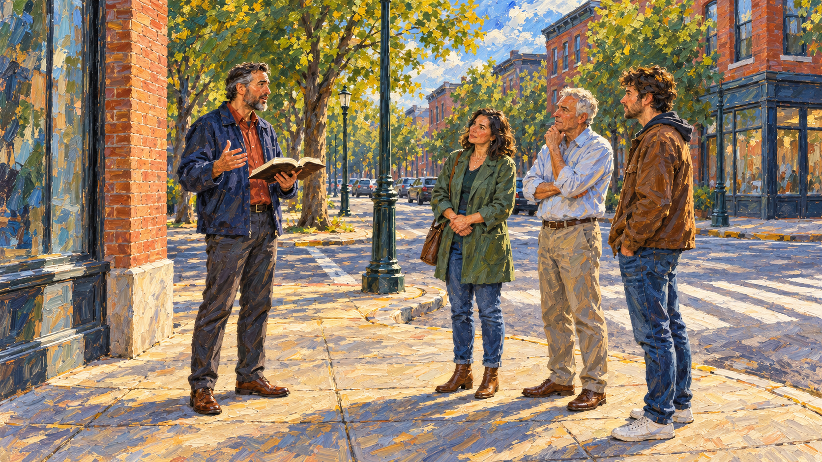 Classical oil painting of an evangelist preaching from an open Bible to three listeners on a city street corner.