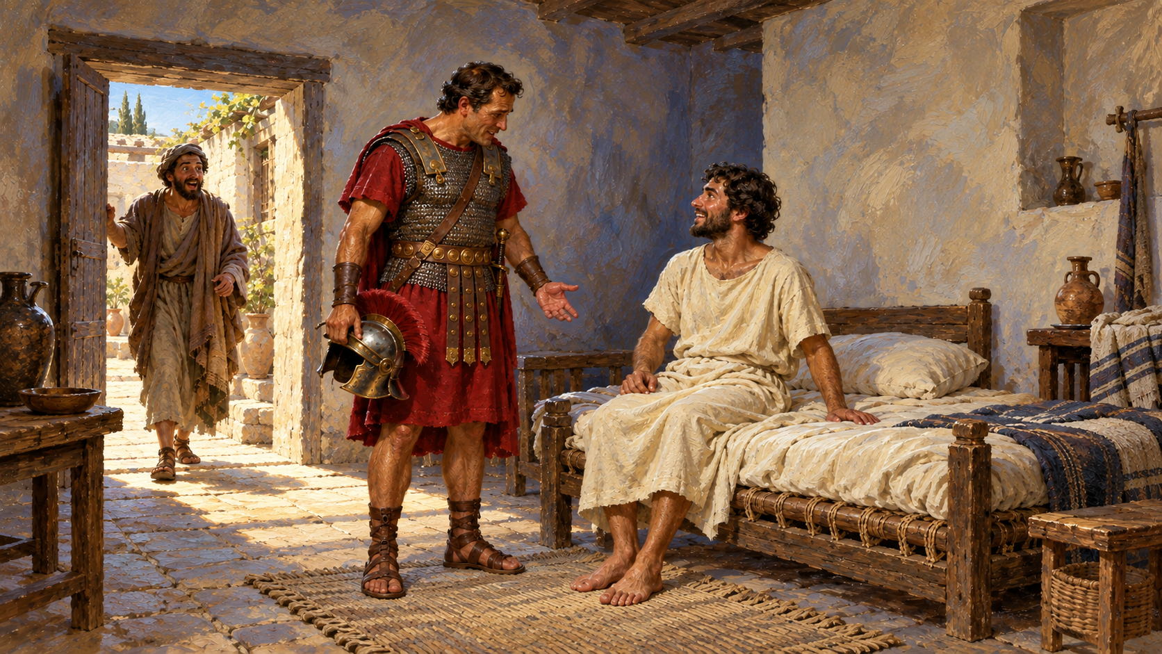 Classical oil painting of a Roman centurion rejoicing beside his restored servant as a messenger returns to the house.