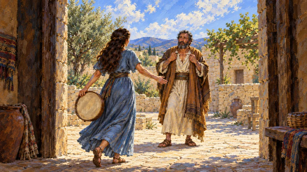 Classical oil painting of Jephthah tearing his garment in grief as his daughter welcomes him home with a frame drum.