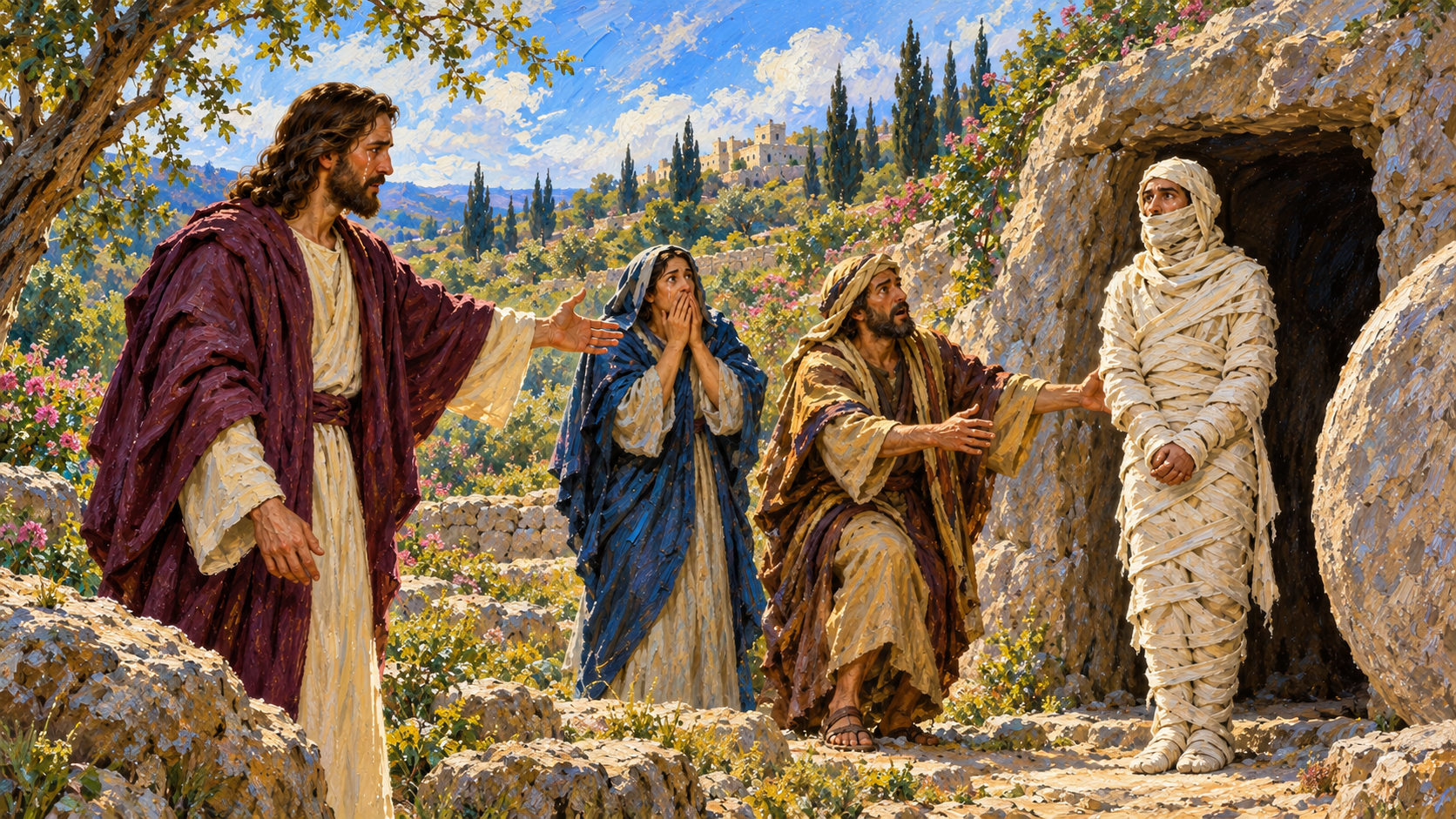 The Hypostatic Union: How Jesus Is Fully God and Man Classical oil painting of tearful Jesus calling Lazarus alive out of the tomb, still bound in burial cloths.
