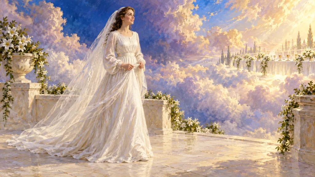 Classical oil painting of a bride in bright white linen ready for a heavenly wedding, a metaphor for the Church as the Bride of Christ.