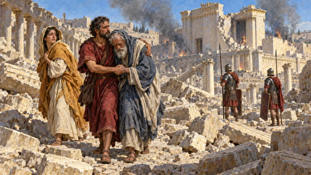 Classical oil painting of Jewish survivors helping one another through the ruined temple precinct as Roman soldiers stand nearby in AD 70.