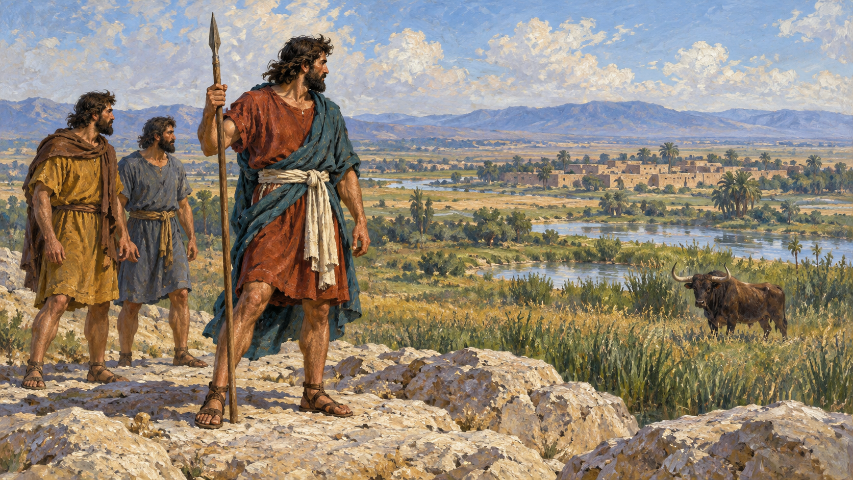 Classical oil painting of Nimrod as a human hunter holding a spear, watching a wild bull with two companions on a Mesopotamian plain.