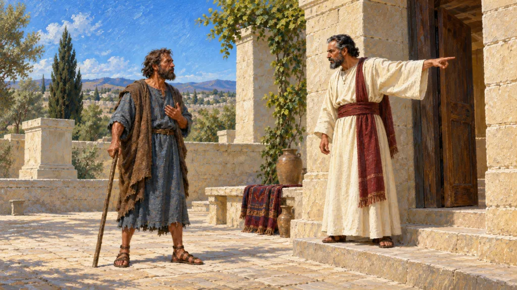 Classical oil painting of Amos standing firm with his staff as Amaziah orders him away at Bethel.