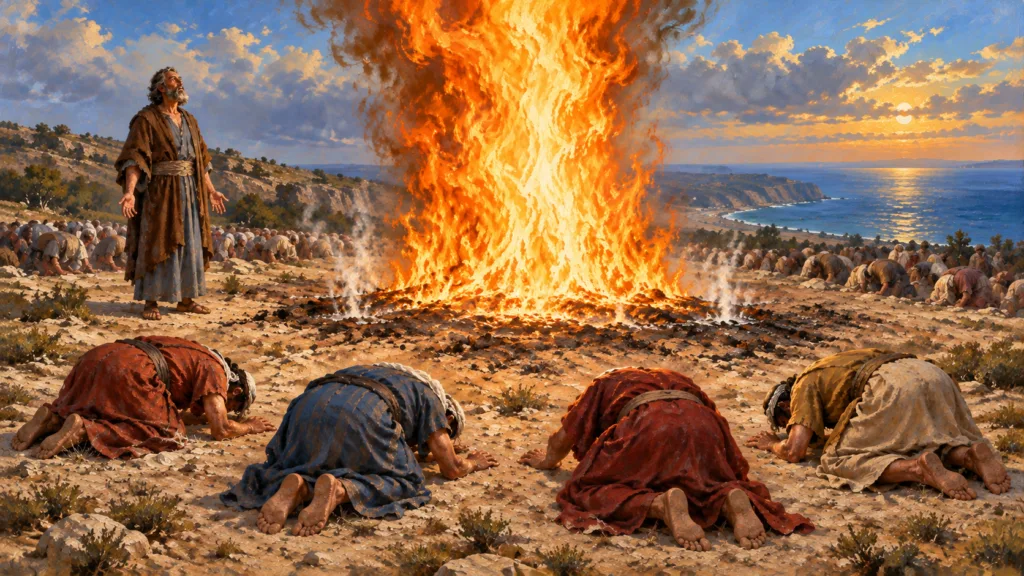 Classical oil painting of the fire of the LORD consuming the altar site on Mount Carmel as Israel falls face down and Elijah stands nearby.