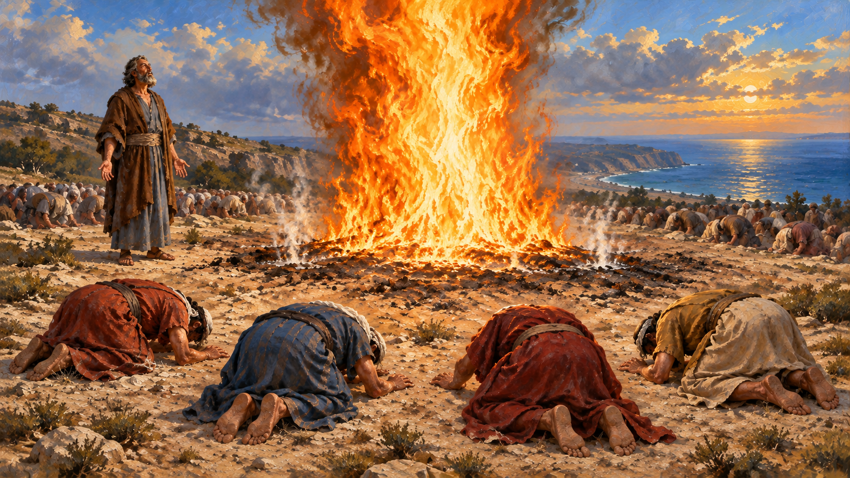 Classical oil painting of the fire of the LORD consuming the altar site on Mount Carmel as Israel falls face down and Elijah stands nearby.