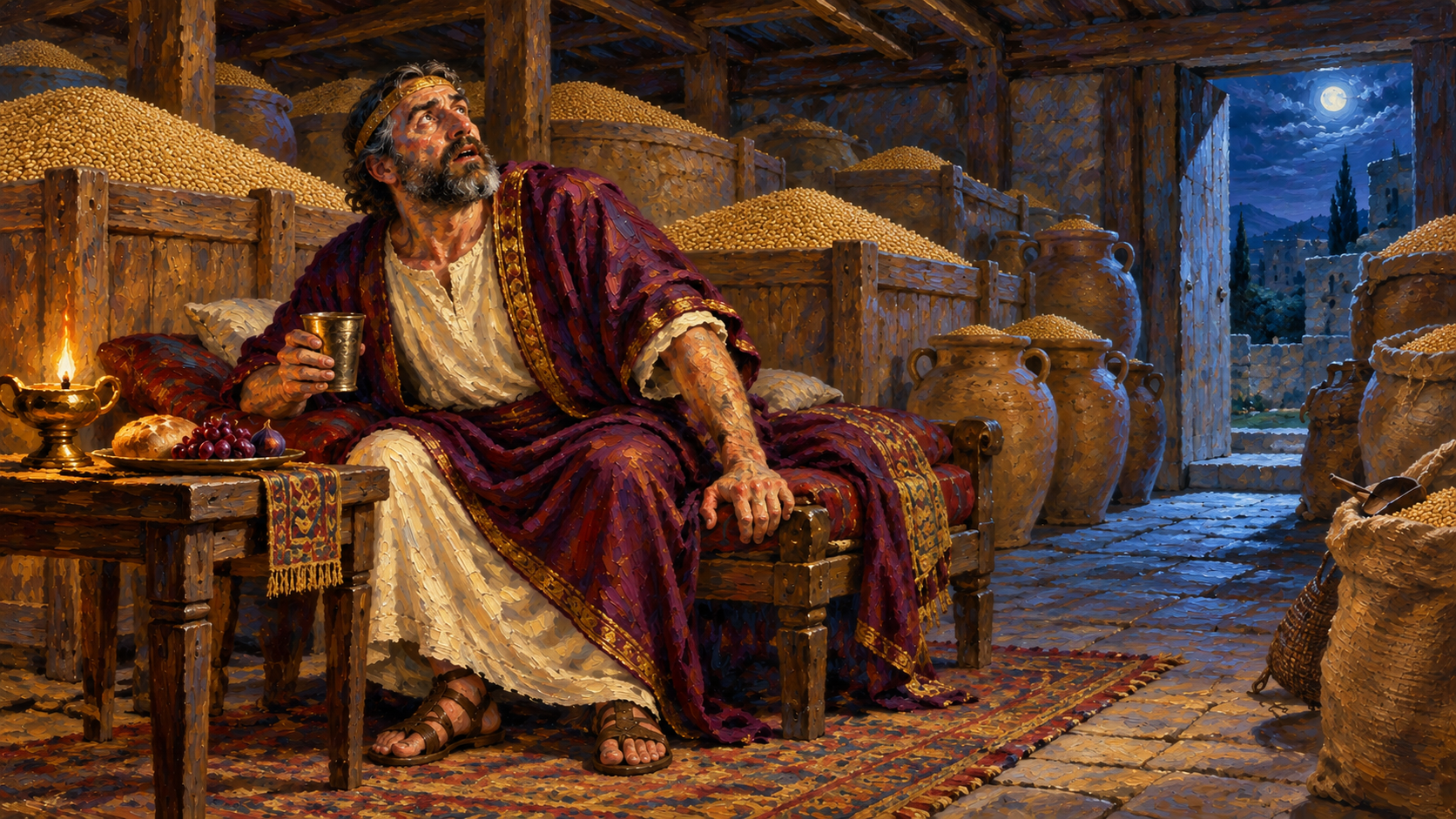 The Parable of the Rich Fool: Jesus’ Warning About Greed Classical oil painting of the rich fool startled at night among abundant grain stores, his cup paused as false security gives way to alarm.