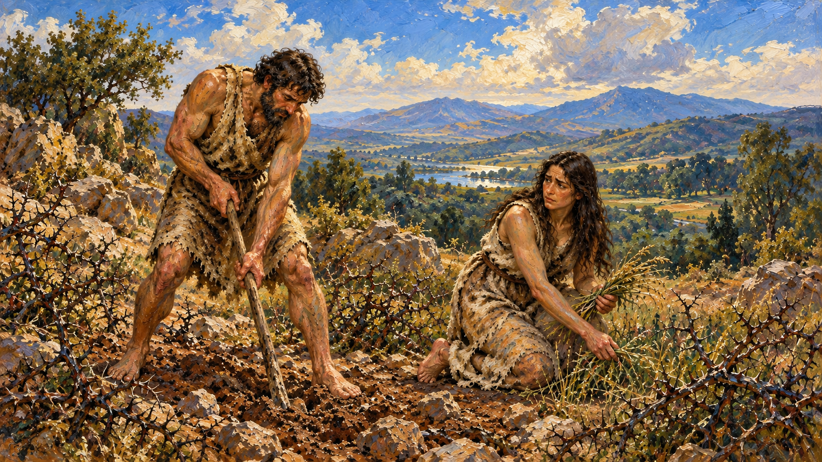 Classical oil painting of Adam and Eve clothed in skins, laboring among thorns outside Eden after the fall.