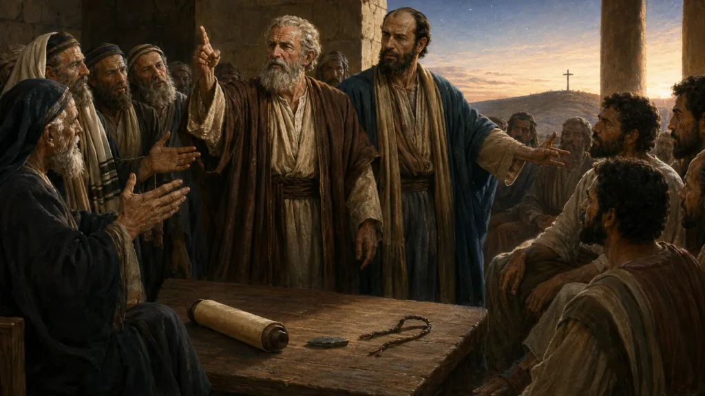 Peter and Paul defend Gentile believers at the Jerusalem council, with a covenant scroll, flint, cut cord, and the cross beyond
