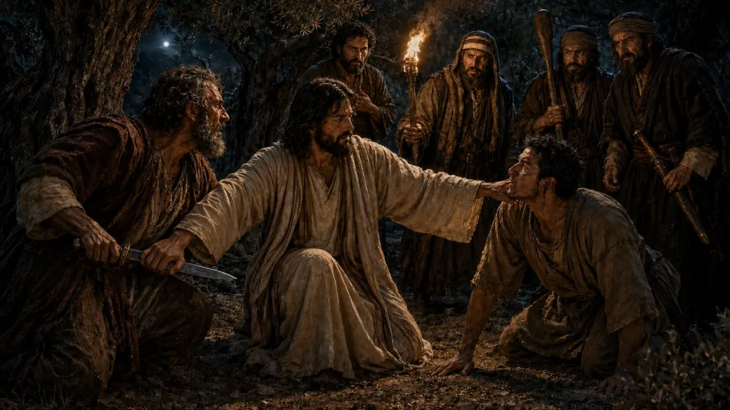 Jesus stops Peter’s sword arm while healing the wounded right ear of Malchus in Gethsemane