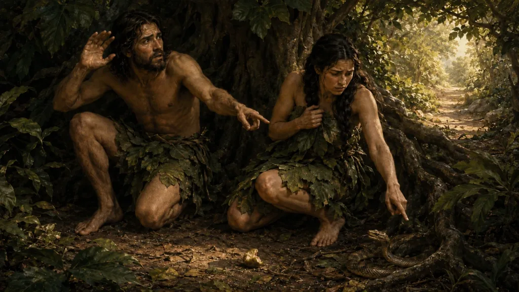 Adam and Eve hide after disobeying God, revealing sin as distrust, rebellion, and blame