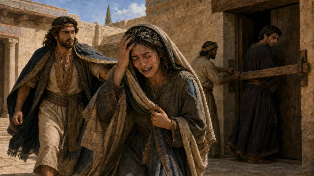 Tamar cries with ashes on her head as Absalom approaches and Amnon turns away behind a barred door