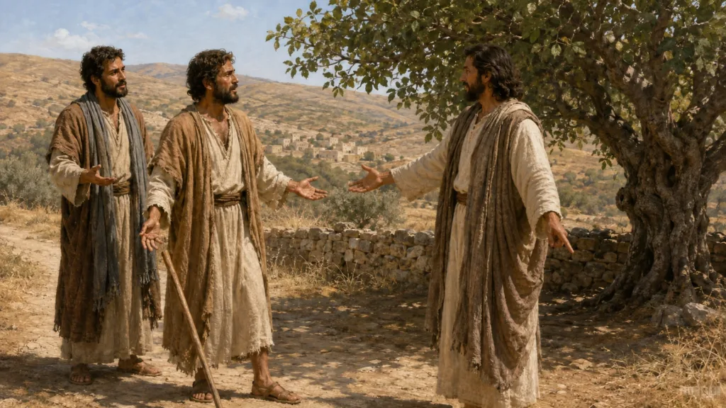 Jesus points to the empty shade beneath a fig tree as Nathanael releases his staff and Philip watches