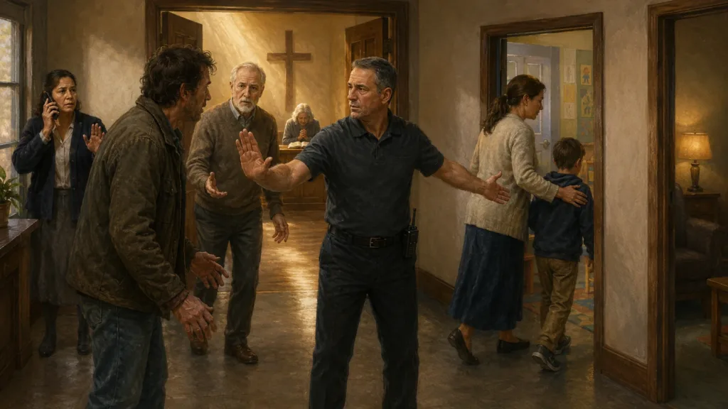 An unarmed church safety servant protects a child while a pastor compassionately approaches a distressed visitor