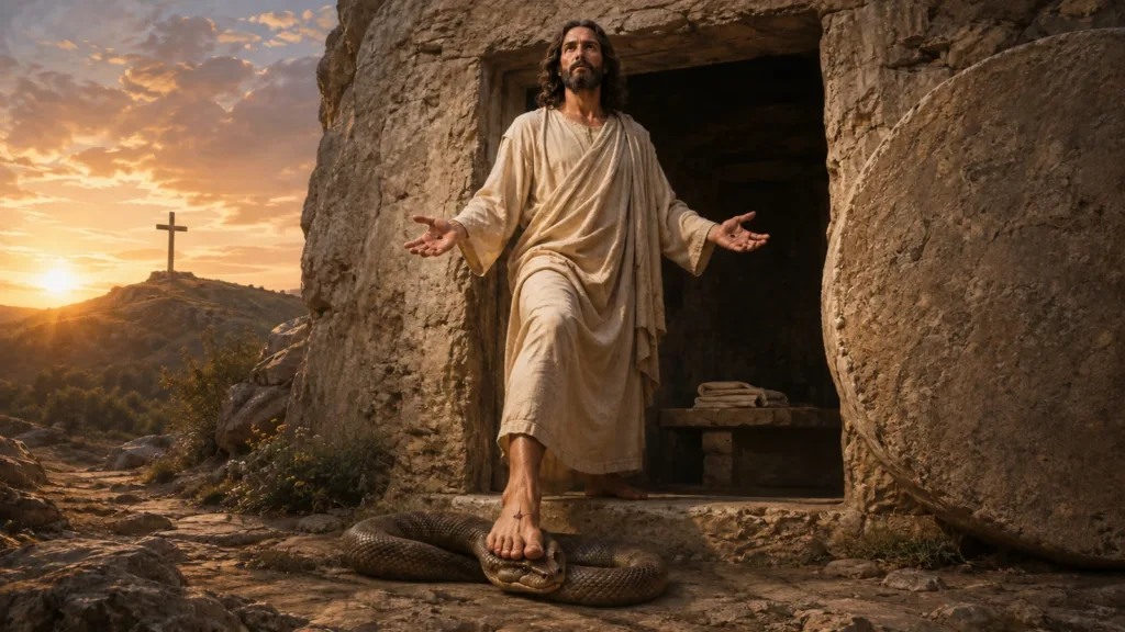 The risen Christ's wounded foot crushes the serpent's head as He steps from the empty tomb
