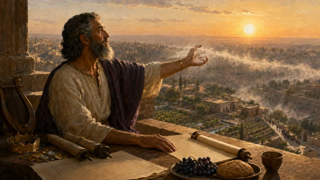 An aged King Solomon watches morning vapor slip through his hand above Jerusalem
