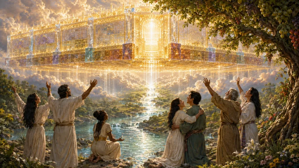 The Heavenly Jerusalem descends toward redeemed people beside the river and tree of life