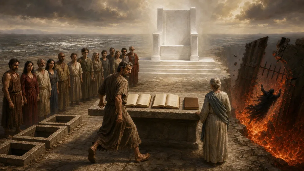 Resurrected people stand before the Great White Throne and opened books as Death and Hades fall into the Lake of Fire