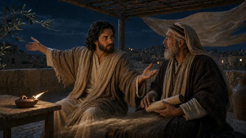 Jesus explains the Spirit's new-birth work to Nicodemus as an unseen wind moves the lamp flame, olive branch, cloth, and dust
