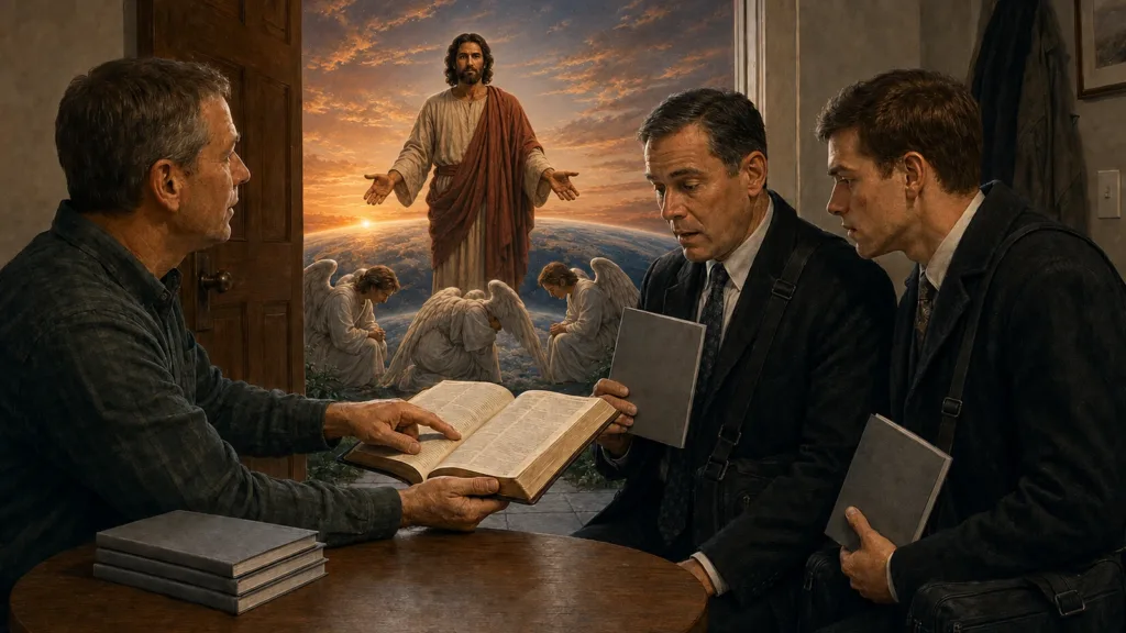 A Christian opens the Bible with two Jehovah's Witness visitors as the risen Christ stands over creation and bowed angels