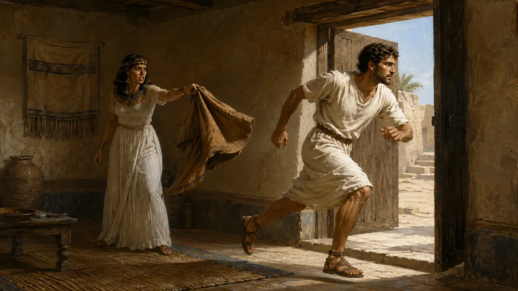 Joseph runs outside while Potiphar's wife holds the garment he left in her hand