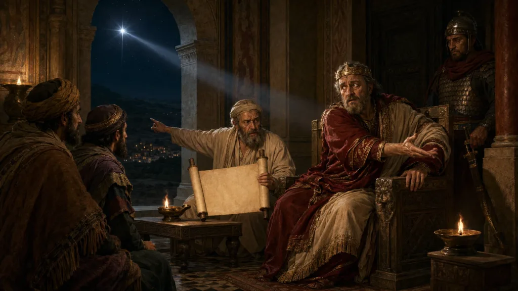 King Herod grips his throne in fear as a priest points the Magi toward star-lit Bethlehem