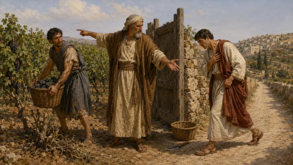 One son works in the vineyard while the other bows respectfully and walks away