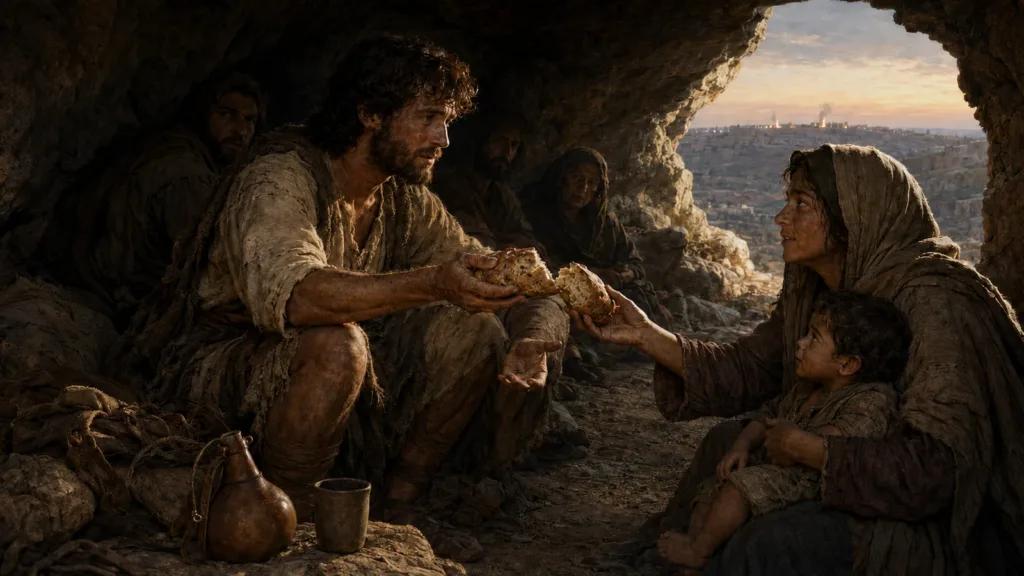 David shares scarce bread with a mother and child in a cave after escaping from Gath