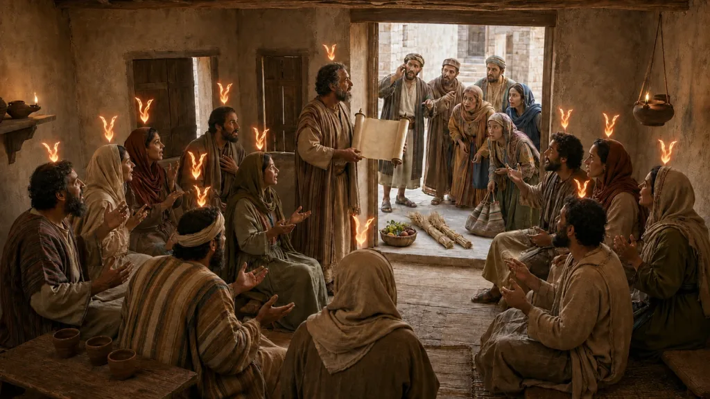 Peter opens Scripture as divided fire-like signs rest over the believers and Pentecost pilgrims recognize Spirit-given languages