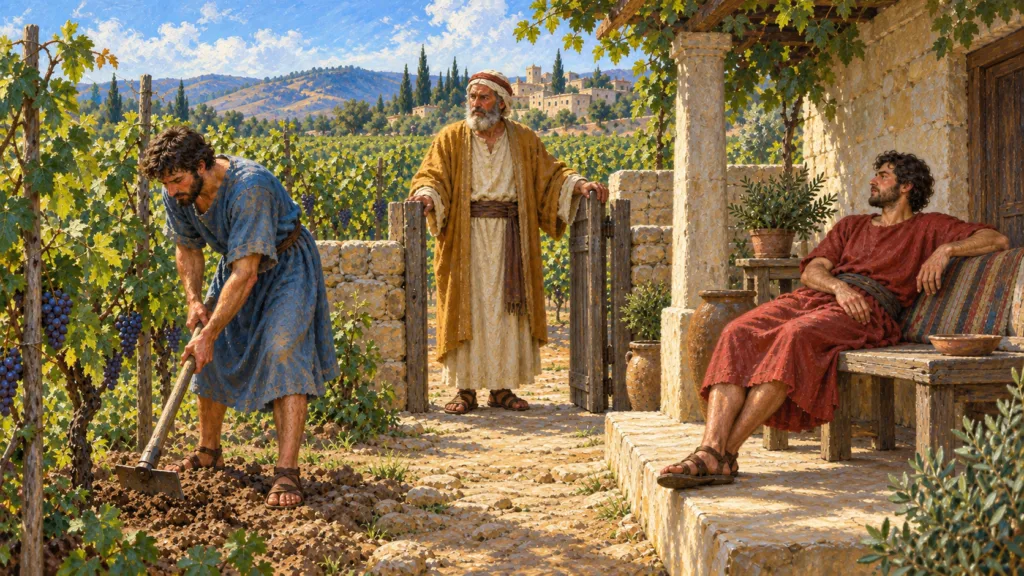 Classical oil painting of one son working in the vineyard while his brother remains idle on a bench and their father watches.
