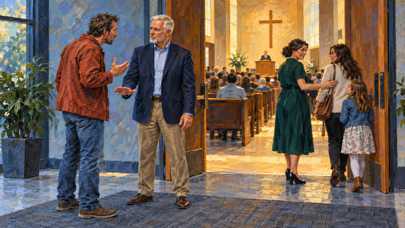 Classical oil painting of a calm church usher addressing a disruption while a volunteer guides a mother and child into the sanctuary.