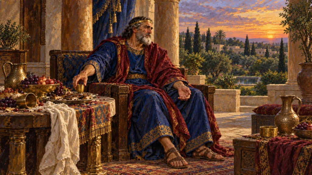 Classical oil painting of weary Solomon setting down a gold cup amid royal abundance and looking toward gardens at sunset.