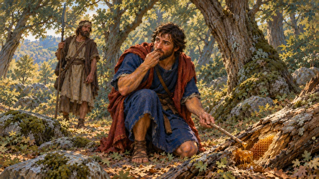 Classical oil painting of Jonathan tasting wild honey in a woodland, illustrating the biblical picture of tasting and seeing goodness.