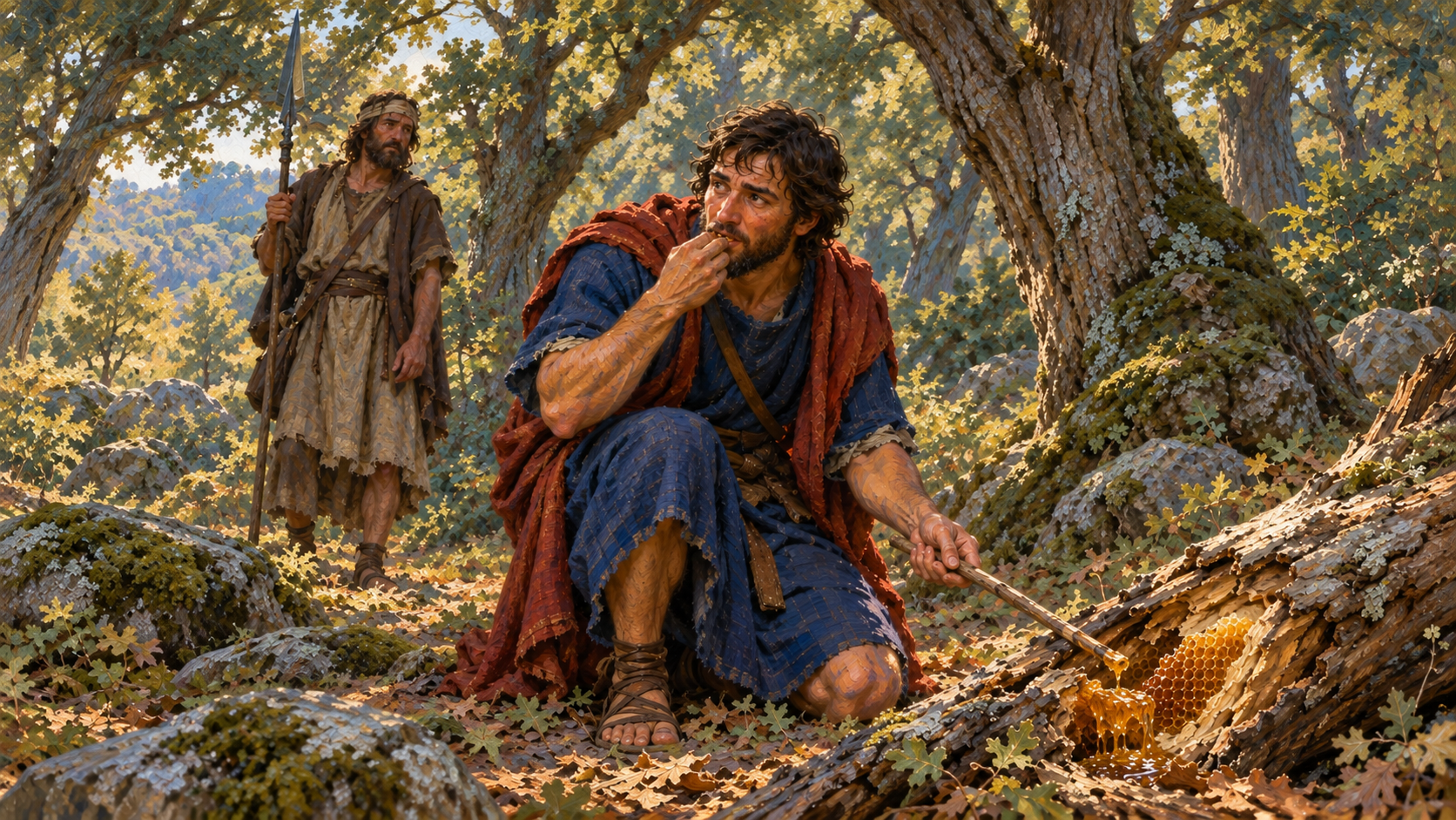 Taste and See That the Lord Is Good: Psalm 34:8 Explained Classical oil painting of Jonathan tasting wild honey in a woodland, illustrating the biblical picture of tasting and seeing goodness.