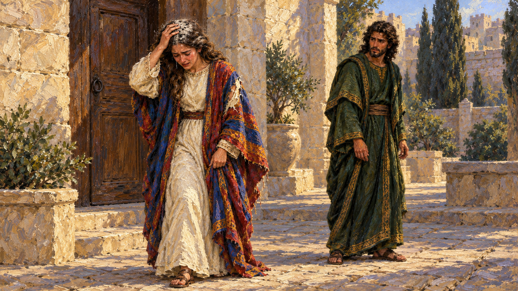Classical oil painting of Tamar mourning with ashes on her head and a torn colorful robe as Absalom looks on in the courtyard.