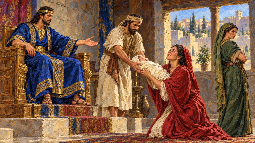 Classical oil painting of Solomon directing that the living infant be returned safely to his true mother after the wise judgment.