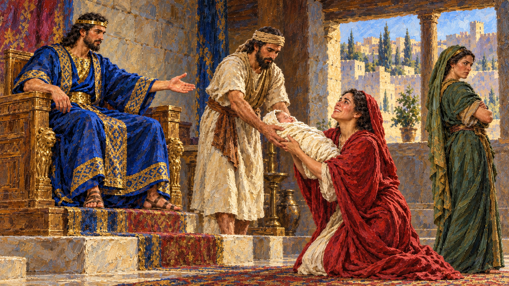 The Wisdom of Solomon: A Gift and a Warning Classical oil painting of Solomon directing that the living infant be returned safely to his true mother after the wise judgment.