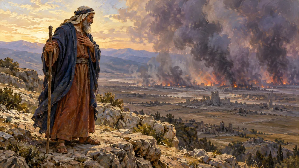 Classical oil painting of Abraham looking over the devastated plain as furnace-like smoke rises after the judgment of Sodom.